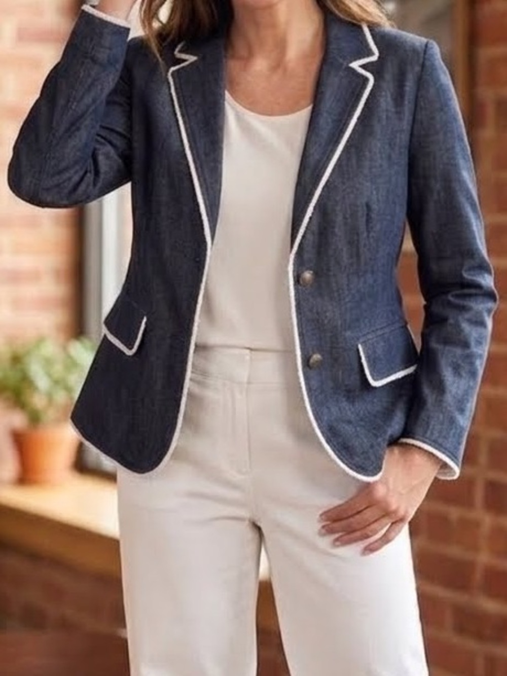 Neva Blazer Jacket Denim Dark Blue White Raw Edge pockets large office casual